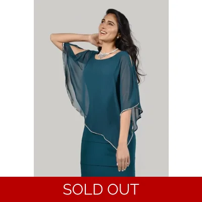 Elegant Ever Green Chiffon Overlay Cocktail Dress with Embellished Cape Sleeve